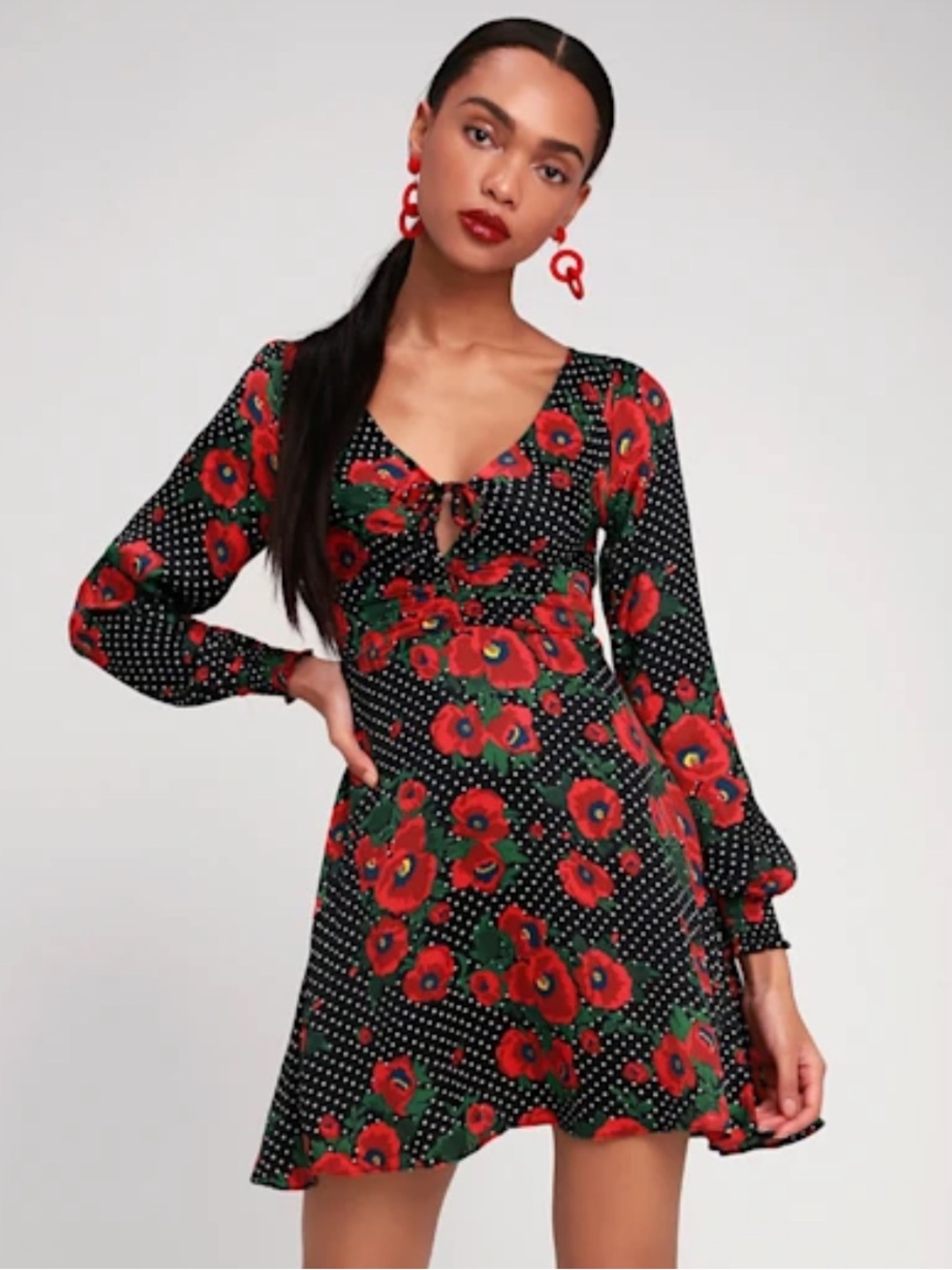 Free People Morning Light Floral Long Sleeve Mini Dress Black and Red Polka Dots - Picture 10 of 10